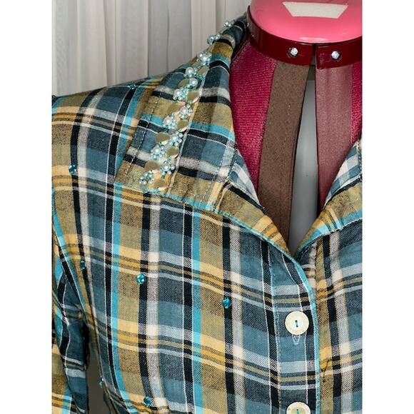 Blouse button down plaid beaded collar blue mustard - Picture 2 of 6